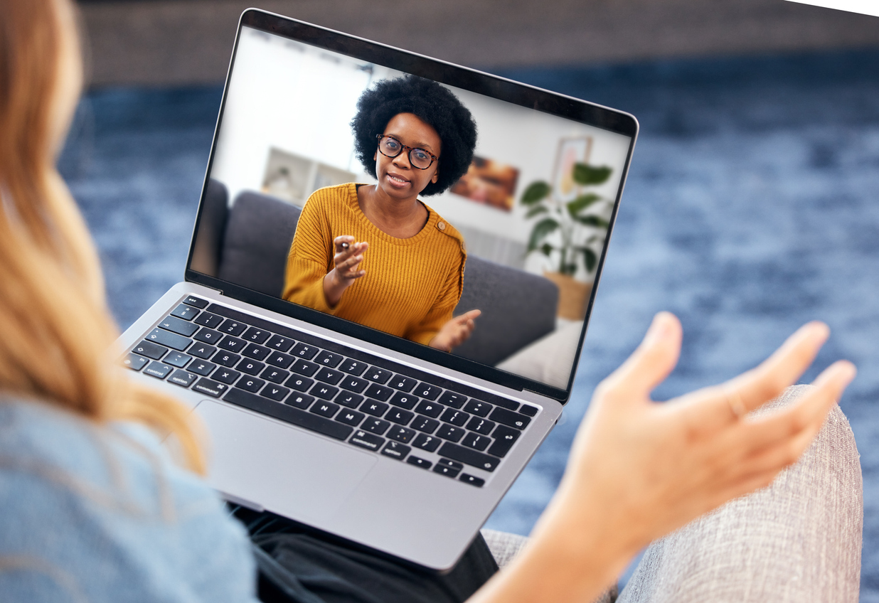 Woman, video call and psychologist
